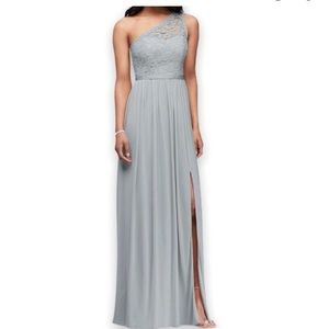 Navy one-shoulder, lace top bridesmaid dress